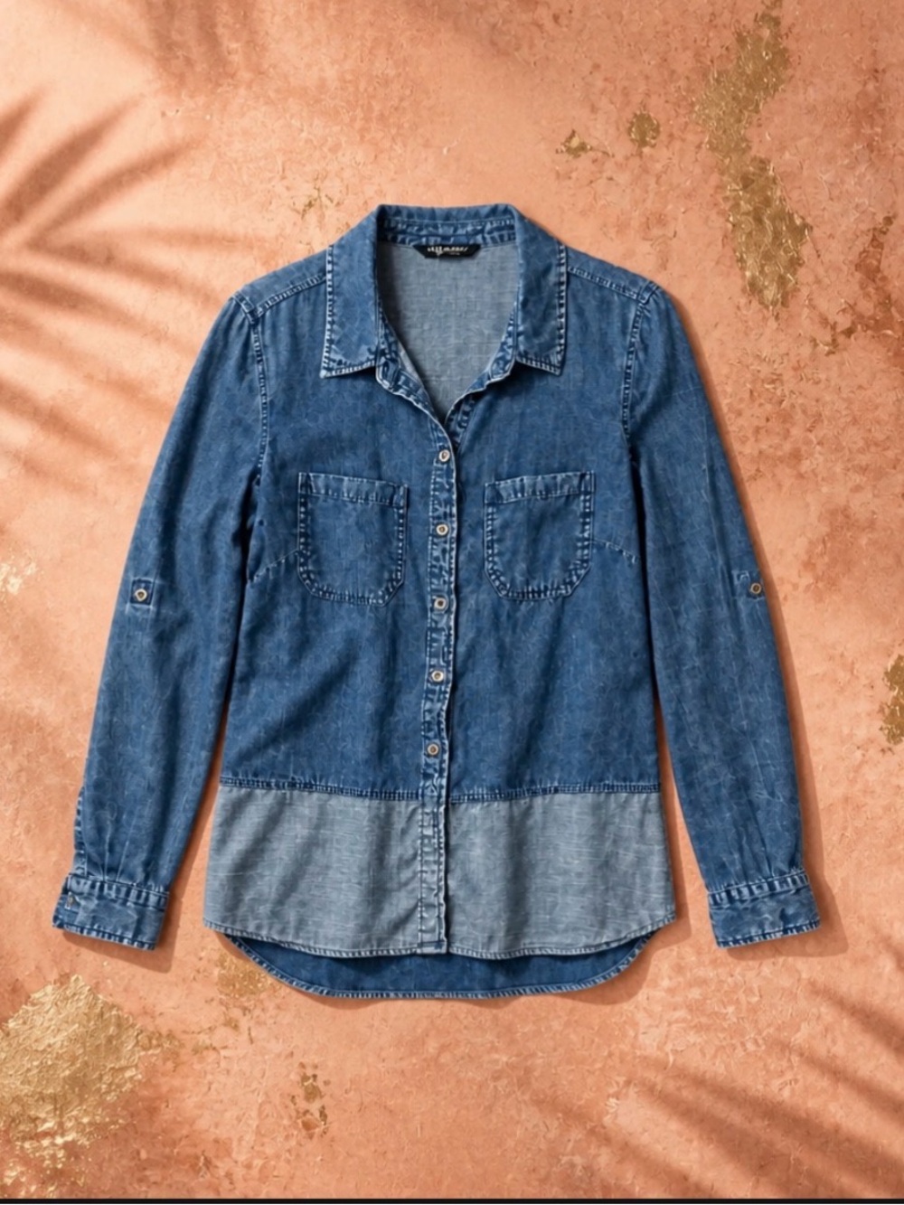 Liverpool Two-Tone Indigo Denim Button-Down Blouse - Picture 1 of 6